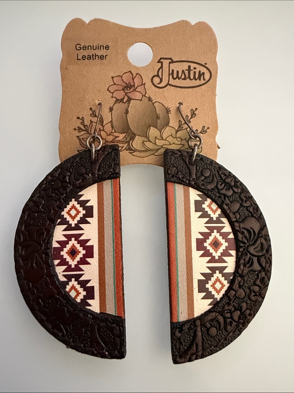 Justin Boots Brown Leather Crescent Earrings with Multicolor Aztec Pattern
